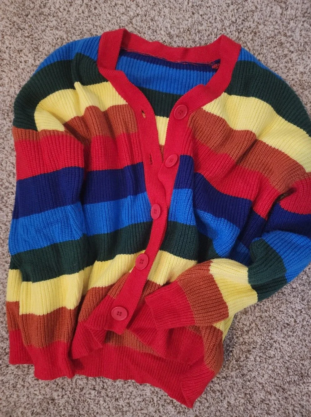 🌈Y2K UNIF Style Rainbow Striped Cardigan - Chunky Knit V-Neck Sweater Kidcore💕 - Picture 5 of 5